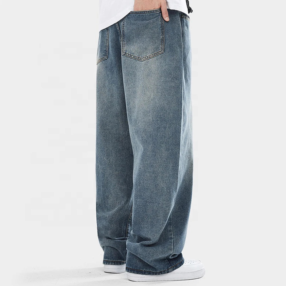 High Quality Straight Stretchy Pockets Wide Leg Trousers Mid Waist Loose Men Long Canvas Lightweight Casual Breathable Jeans