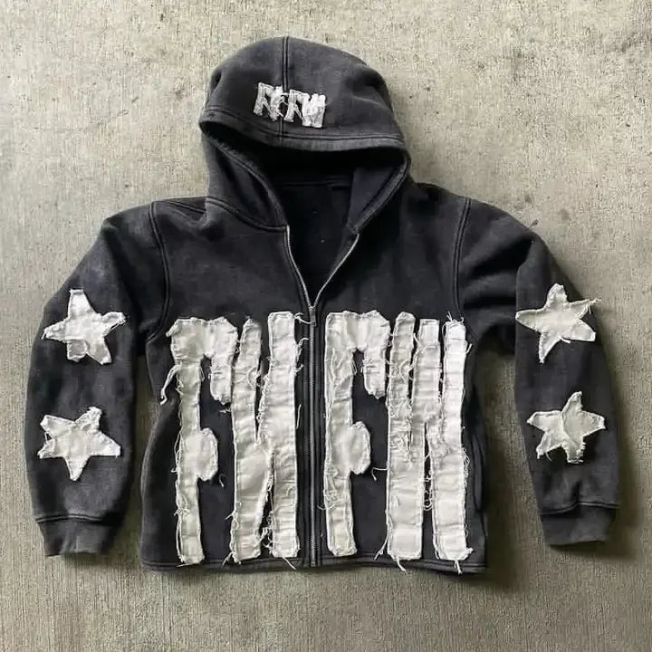 High Quality Cotton Oversize Hoodie Streetwear Custom Embroidery Patch Zip up Oversized Men's Hoodies Pull Up Rhinestone Hoodie