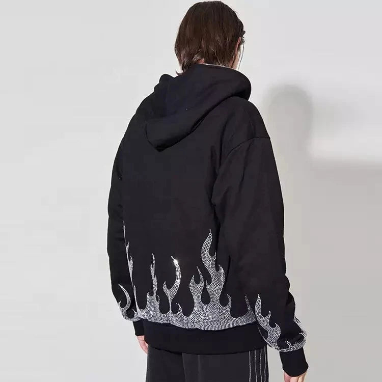 Men's 100% Cotton Winter Casual Streetwear Hoodie Custom Logo Full Face Skeleton Cross Drawstring Rhinestone 3D Embroidery