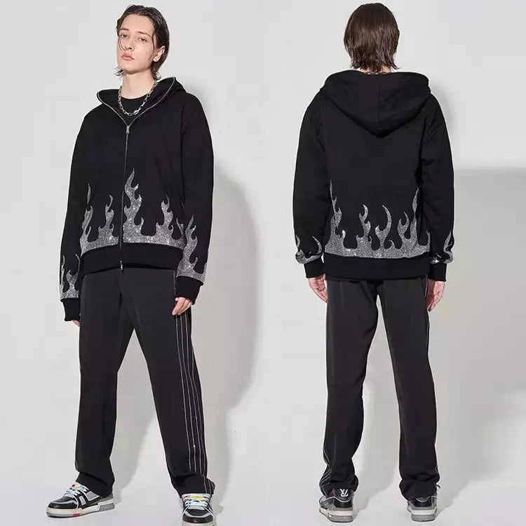 Men's 100% Cotton Winter Casual Streetwear Hoodie Custom Logo Full Face Skeleton Cross Drawstring Rhinestone 3D Embroidery