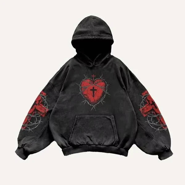 Y2K Gothic Streetwear Hoodie Oversized Acid Wash Black Pullover With Spiky Graphic Print Custom MOQ Top Quality Made Men Hoodies