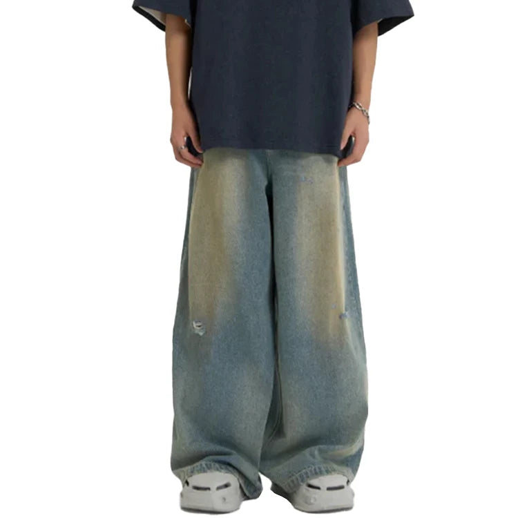 New High Quality Men's Baggy Hip Hop Wide Leg Distressed Loose Fit Mid Waist Embroidery Eco-Friendly Plus Size Jeans