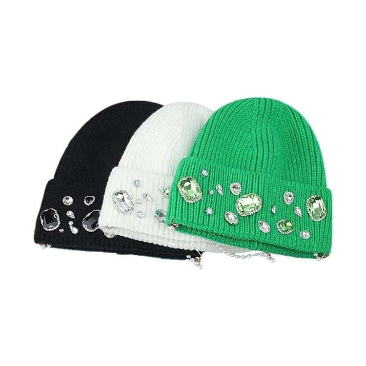 Customizable Jewelry Handmade Acrylic Custom Logo Crystal Embellishments Ribbed Knit Rhinestone Crystal Beanie Hat