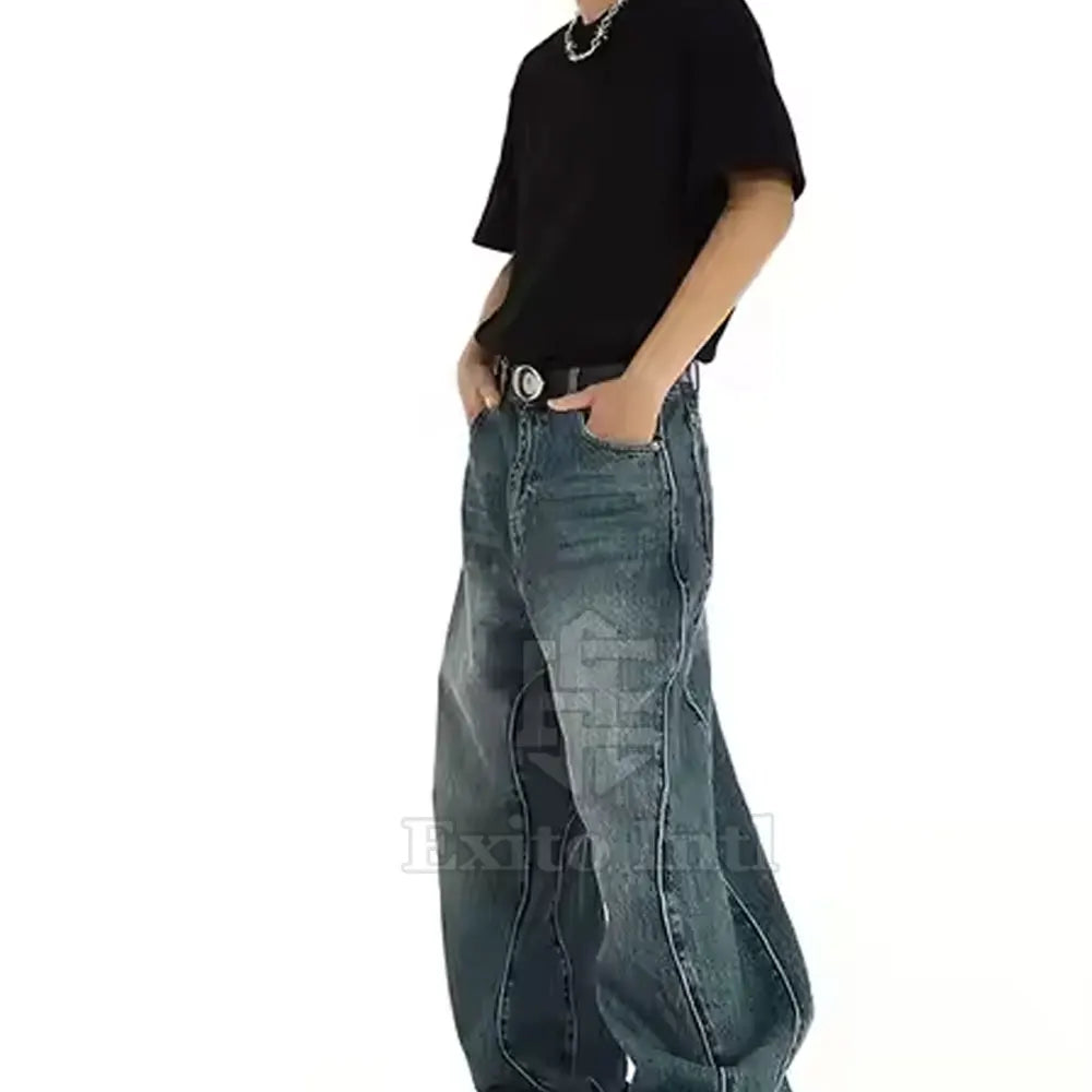 Fashionable Men's Straight Baggy Jeans 100% Cotton Lightweight Mid Waist Comfortable Casual Breathable Quick Dry Eco-Friendly