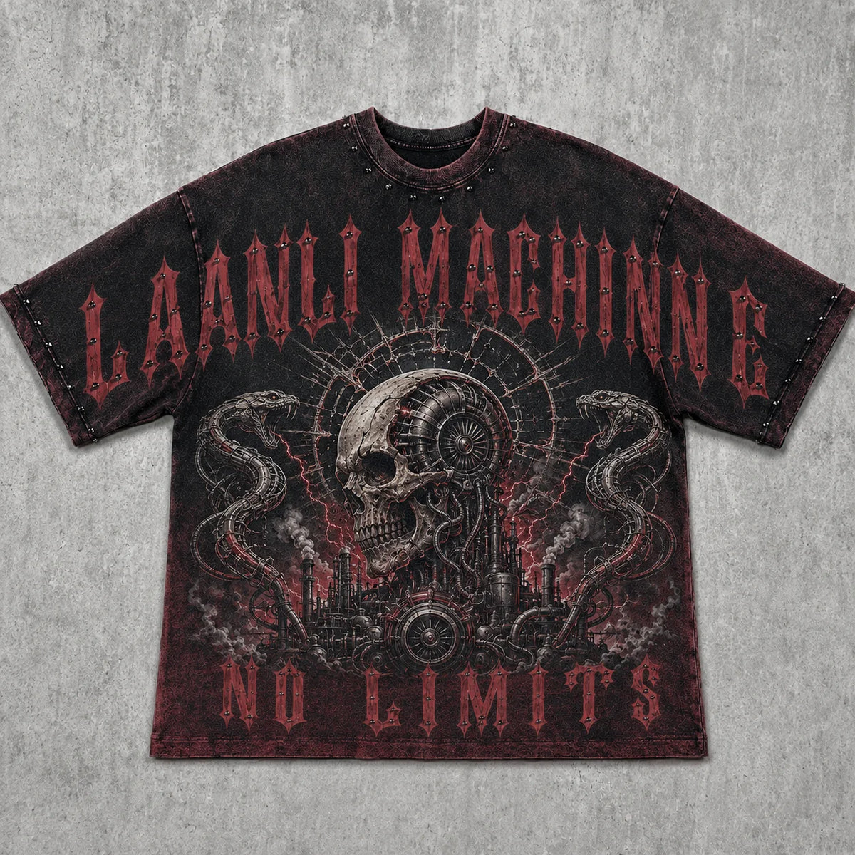 Lanli Punk Mechanical Skull T Shirt Gothic Rhinestone Black Red Washed Oversized Rock Hip Hop Streetwear Graphic Tee