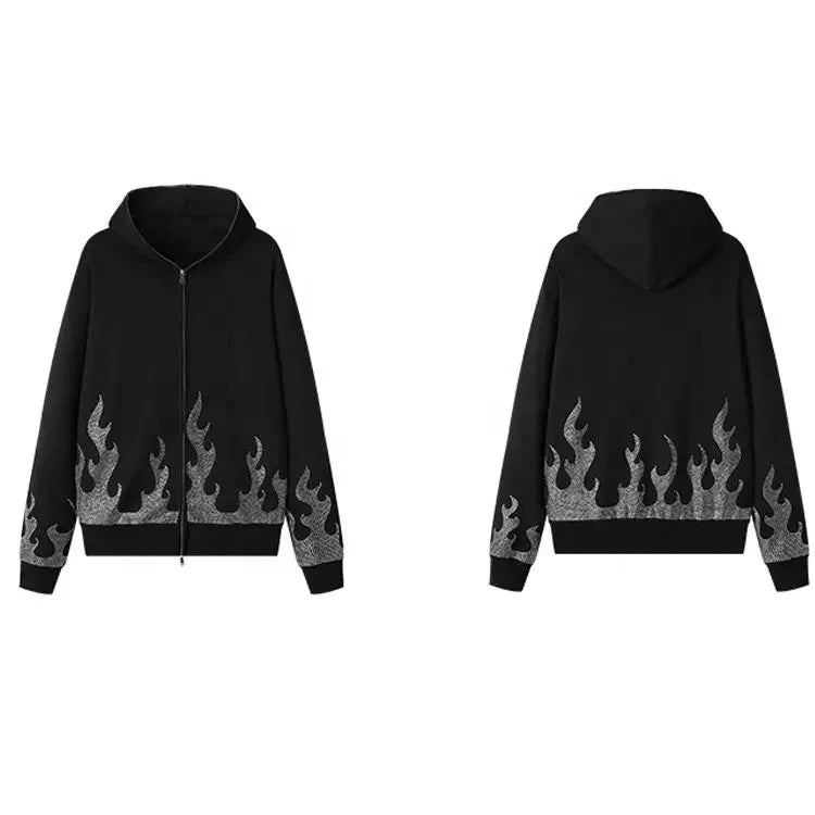 Men's 100% Cotton Winter Casual Streetwear Hoodie Custom Logo Full Face Skeleton Cross Drawstring Rhinestone 3D Embroidery
