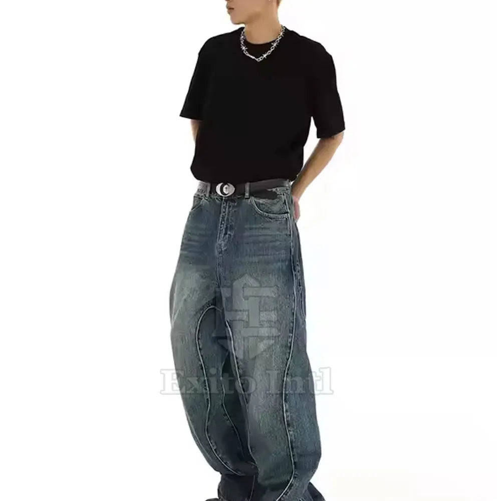 Fashionable Men's Straight Baggy Jeans 100% Cotton Lightweight Mid Waist Comfortable Casual Breathable Quick Dry Eco-Friendly
