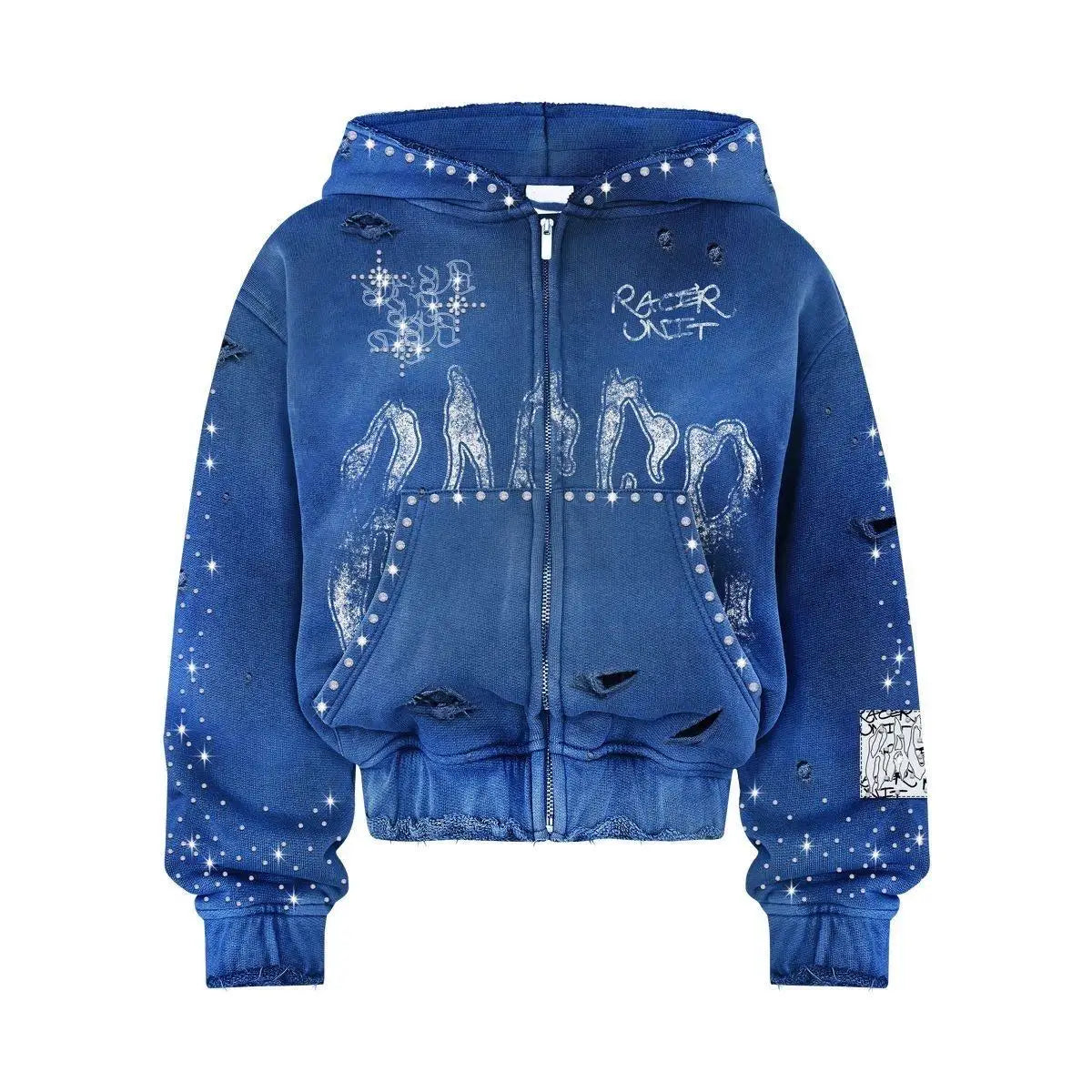 Hot Selling Trendy Custom Made 3D Embroidery Hoodie Acid Wash Zip Distressed 380 Gsm Heavyweight Cotton Rhinestones Embroidery