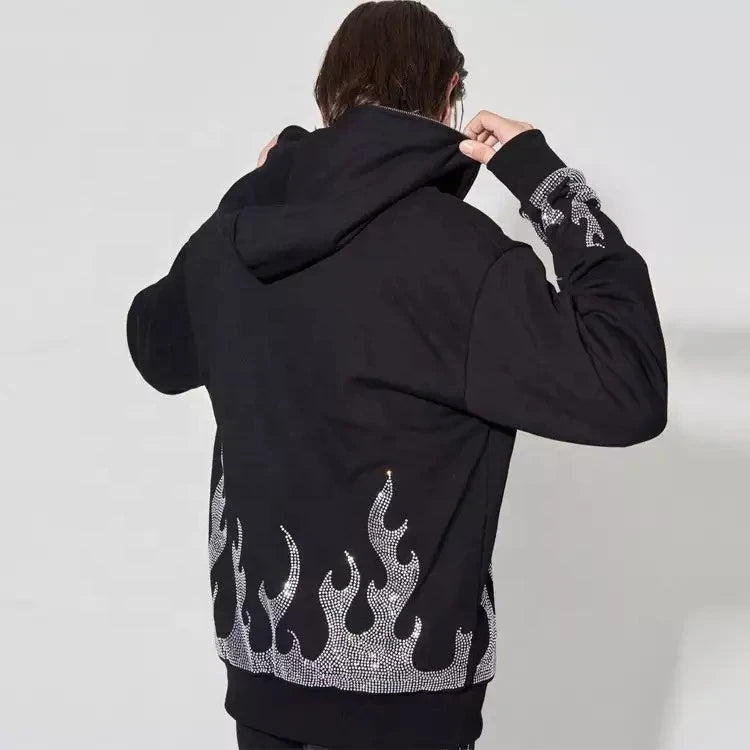 Men's 100% Cotton Winter Casual Streetwear Hoodie Custom Logo Full Face Skeleton Cross Drawstring Rhinestone 3D Embroidery