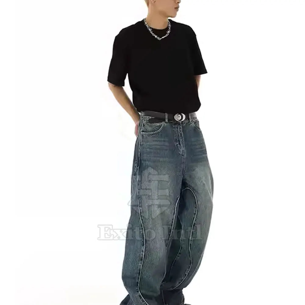 Fashionable Men's Straight Baggy Jeans 100% Cotton Lightweight Mid Waist Comfortable Casual Breathable Quick Dry Eco-Friendly