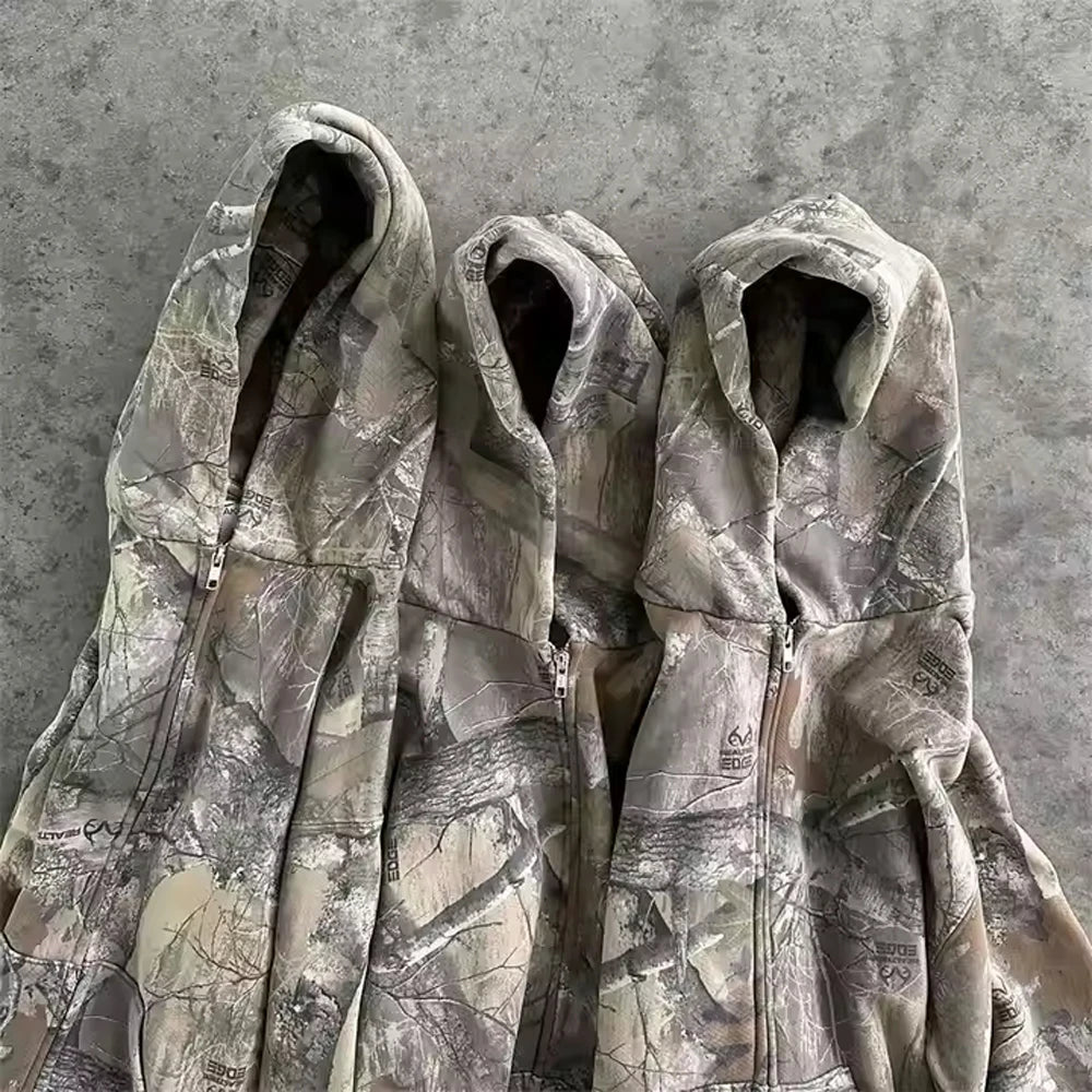 Wholesale Custom Vintage Washed Men Hoodie 100% Cotton Camo Print Graphic 500 Gsm Thick Oversized Acid Wash Zip up Men's Hoodies