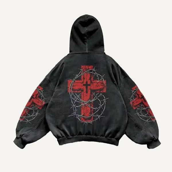 Y2K Gothic Streetwear Hoodie Oversized Acid Wash Black Pullover With Spiky Graphic Print Custom MOQ Top Quality Made Men Hoodies
