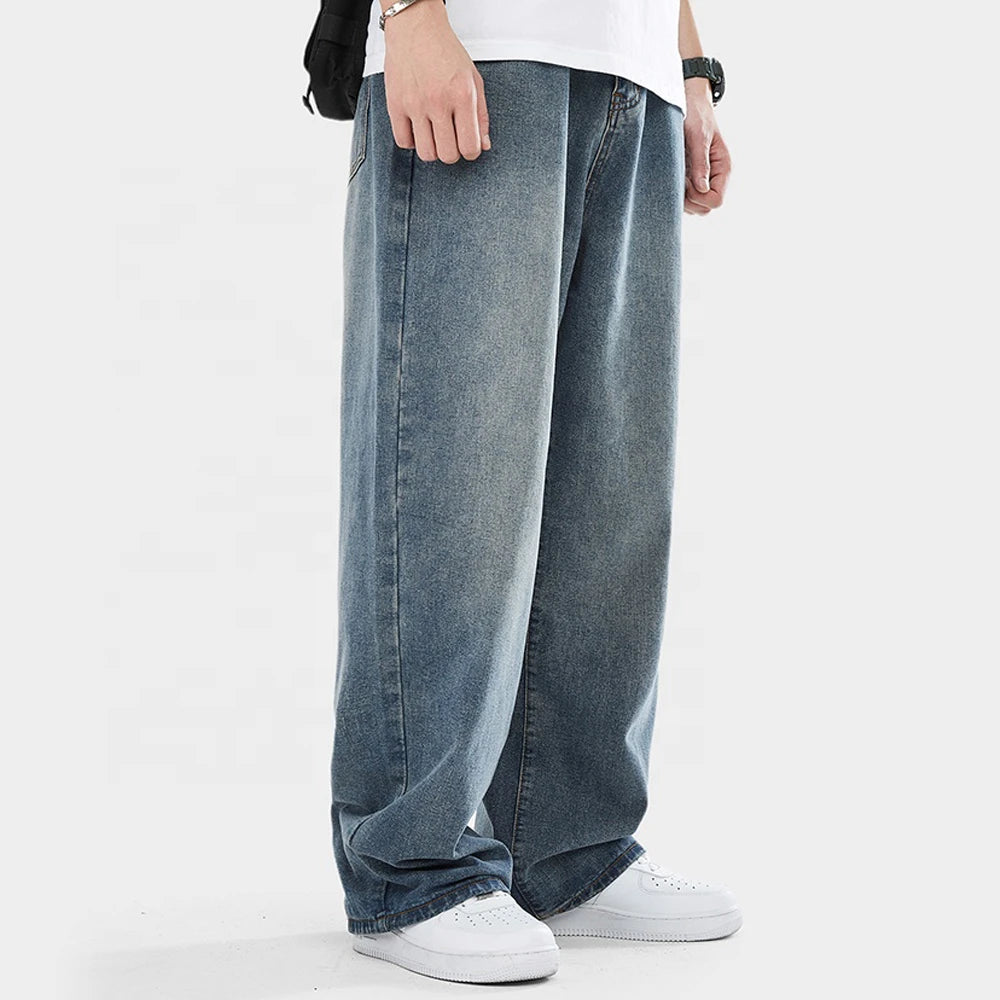 High Quality Straight Stretchy Pockets Wide Leg Trousers Mid Waist Loose Men Long Canvas Lightweight Casual Breathable Jeans