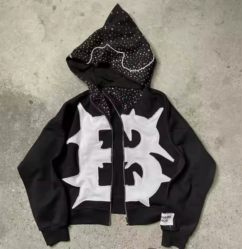 Wholesale Autumn Streetwear Acid Wash Rhinestone Embroidery Diamond Sun Faded Cropped Boxy Baggy Hoodie for Men