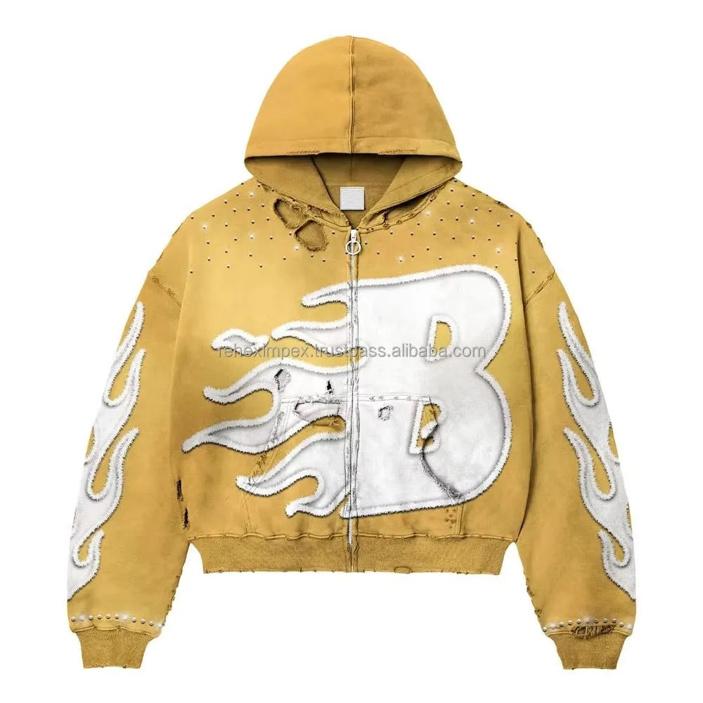 Stay Warm Style This Trendy Sun-Faded Embroidered Vintage Zipper-Up Oversized Hoodie Crafted Soft Fleece Cotton for Ultimate