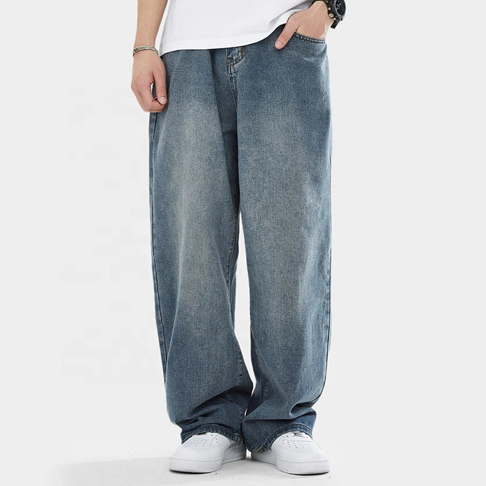 High Quality Straight Stretchy Pockets Wide Leg Trousers Mid Waist Loose Men Long Canvas Lightweight Casual Breathable Jeans