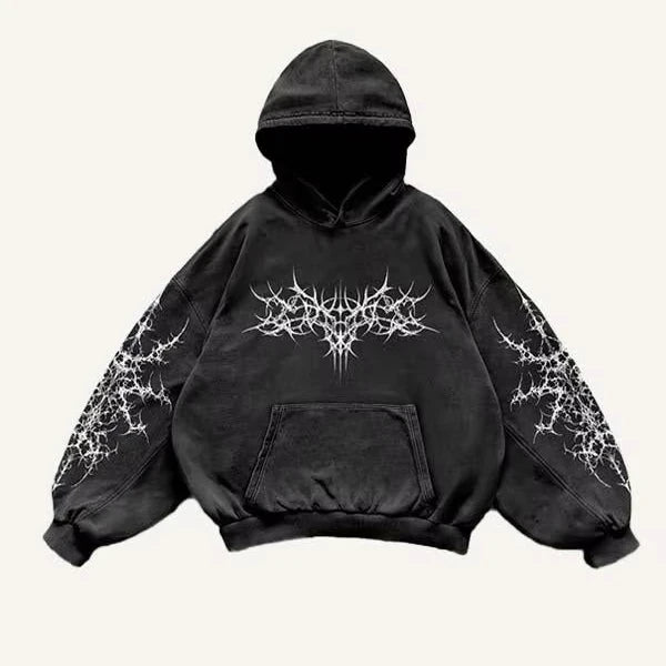 Y2K Gothic Streetwear Hoodie Oversized Acid Wash Black Pullover With Spiky Graphic Print Custom MOQ Top Quality Made Men Hoodies