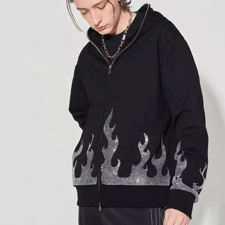 Men's 100% Cotton Winter Casual Streetwear Hoodie Custom Logo Full Face Skeleton Cross Drawstring Rhinestone 3D Embroidery