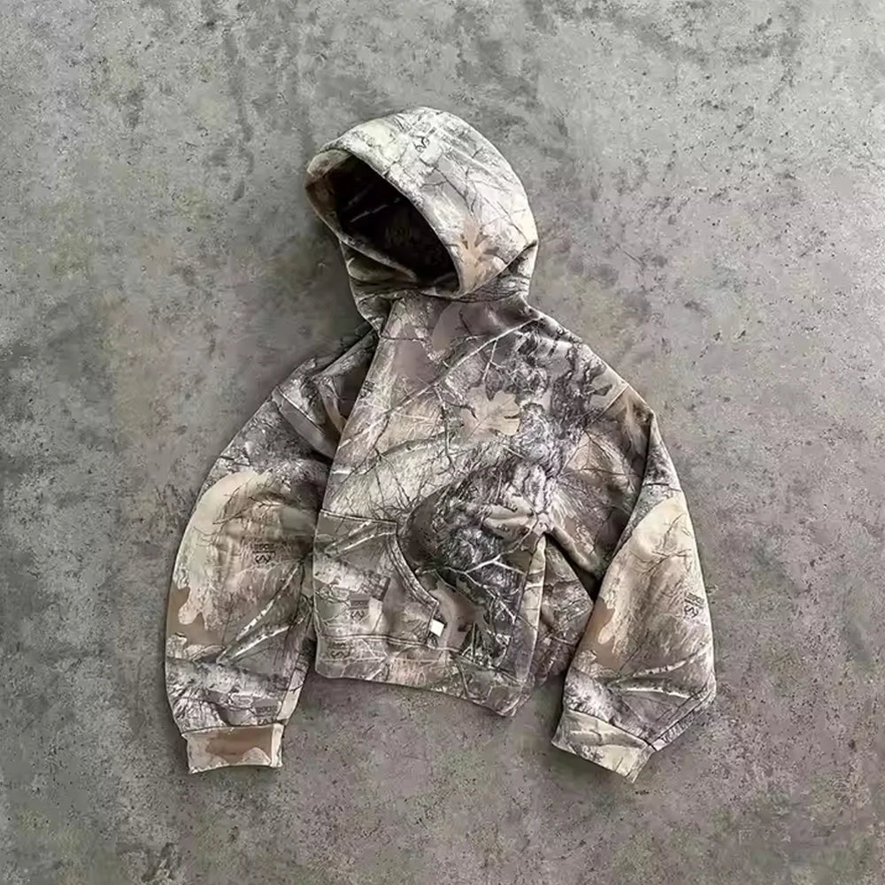 Wholesale Custom Vintage Washed Men Hoodie 100% Cotton Camo Print Graphic 500 Gsm Thick Oversized Acid Wash Zip up Men's Hoodies