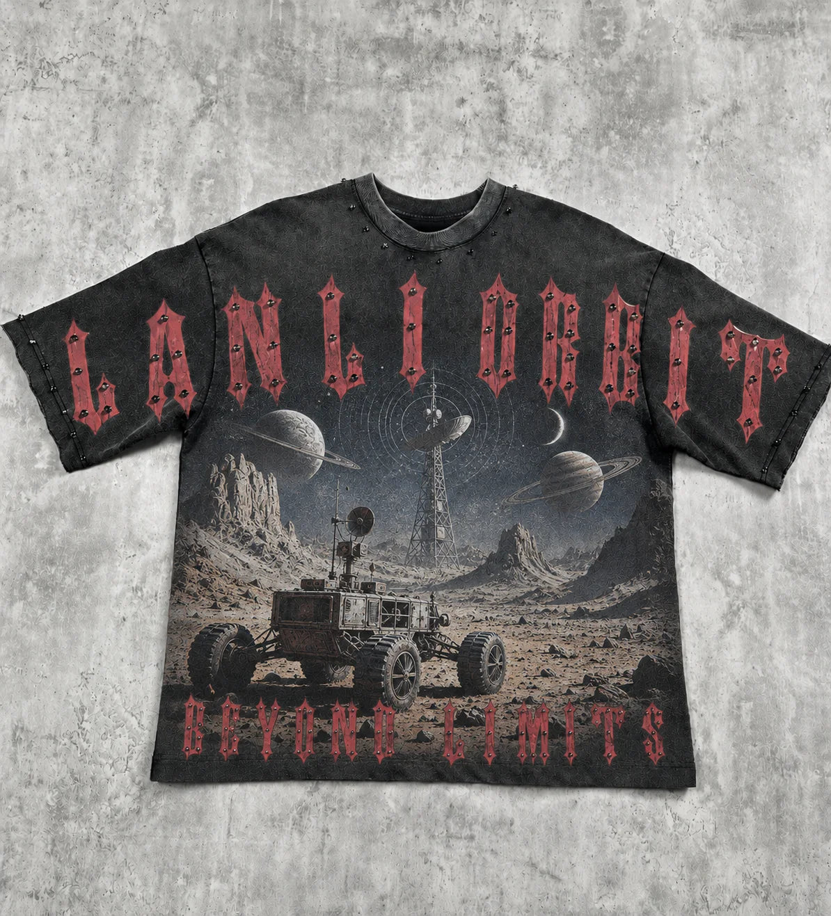 Lanli Punk Mechanical Skull T Shirt Gothic Rhinestone Black Red Washed Oversized Rock Hip Hop Streetwear Graphic Tee