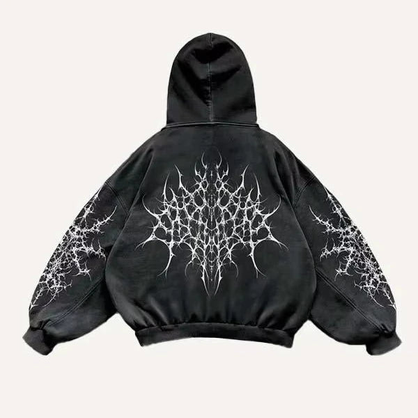 Y2K Gothic Streetwear Hoodie Oversized Acid Wash Black Pullover With Spiky Graphic Print Custom MOQ Top Quality Made Men Hoodies