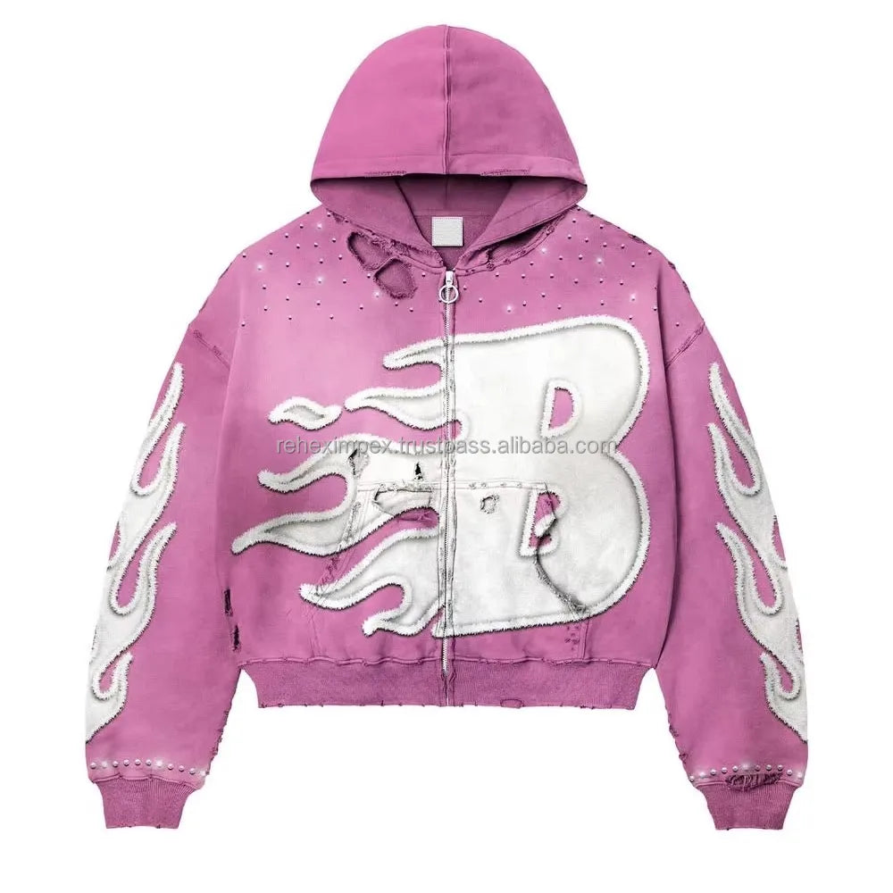 Stay Warm Style This Trendy Sun-Faded Embroidered Vintage Zipper-Up Oversized Hoodie Crafted Soft Fleece Cotton for Ultimate