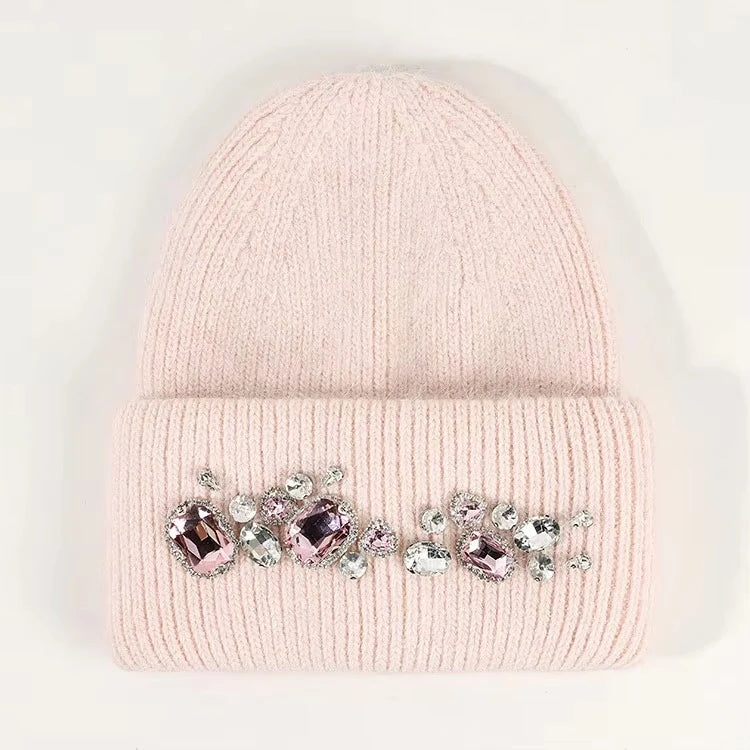Customizable Jewelry Handmade Acrylic Custom Logo Crystal Embellishments Ribbed Knit Rhinestone Crystal Beanie Hat