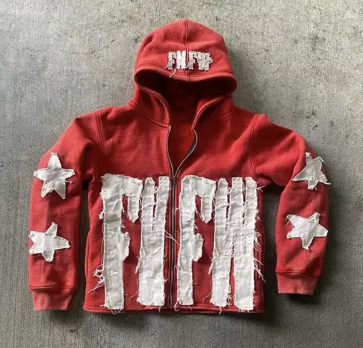 Hot Selling Trendy Custom Made 3D Embroidery Hoodie Acid Wash Zip Distressed 380 Gsm Heavyweight Cotton Rhinestones Embroidery