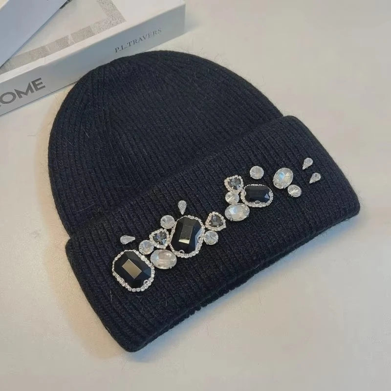 Customizable Jewelry Handmade Acrylic Custom Logo Crystal Embellishments Ribbed Knit Rhinestone Crystal Beanie Hat