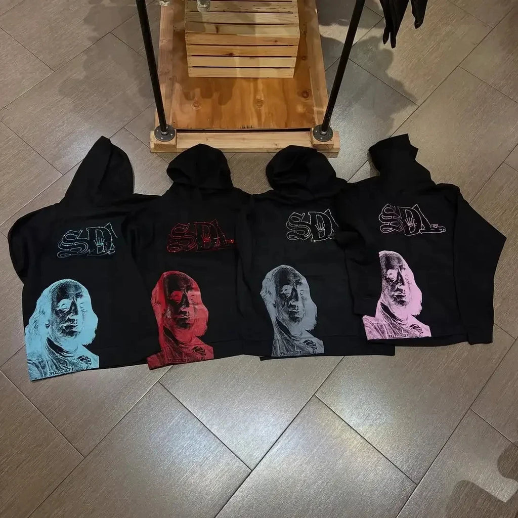 Streetwear Rhinestones Screen Printed Sun Faded Wash SDL Pullover Hoodies Oversized Autumn Men's 100% Cotton Acid Wash Hoodie