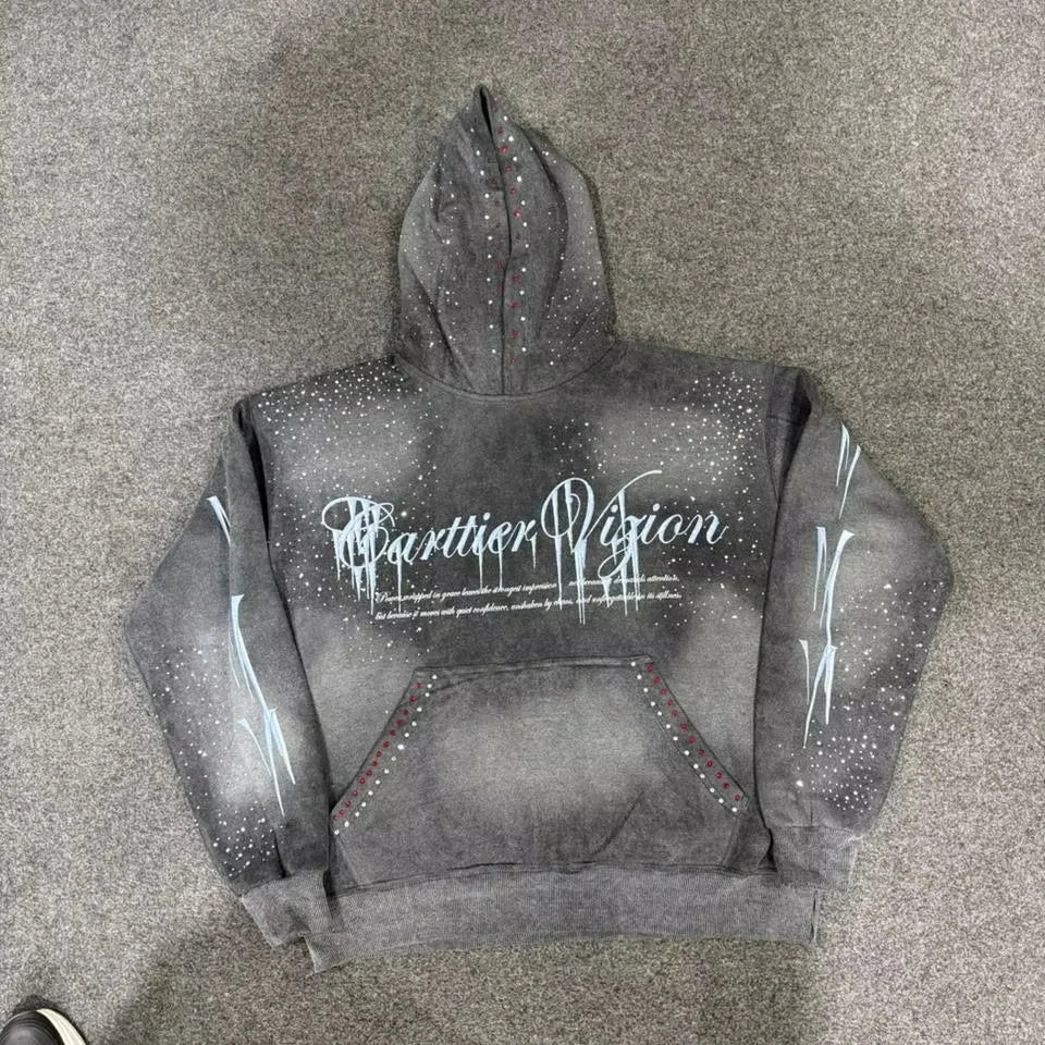 Custom Unisex Fashion Rhinestone Digital Printing 100% Cotton Oversized Winter Flare Sleeve Eco-Friendly 310g Hoodie Sweatshirt