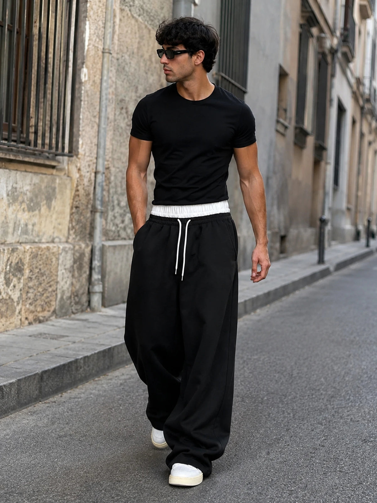 Men's Baggy Wide Leg Sweatpants Contrast White Waist Polyester S-2XL Drawstring Hip Hop Streetwear Casual Loose Fit Jogger Pants