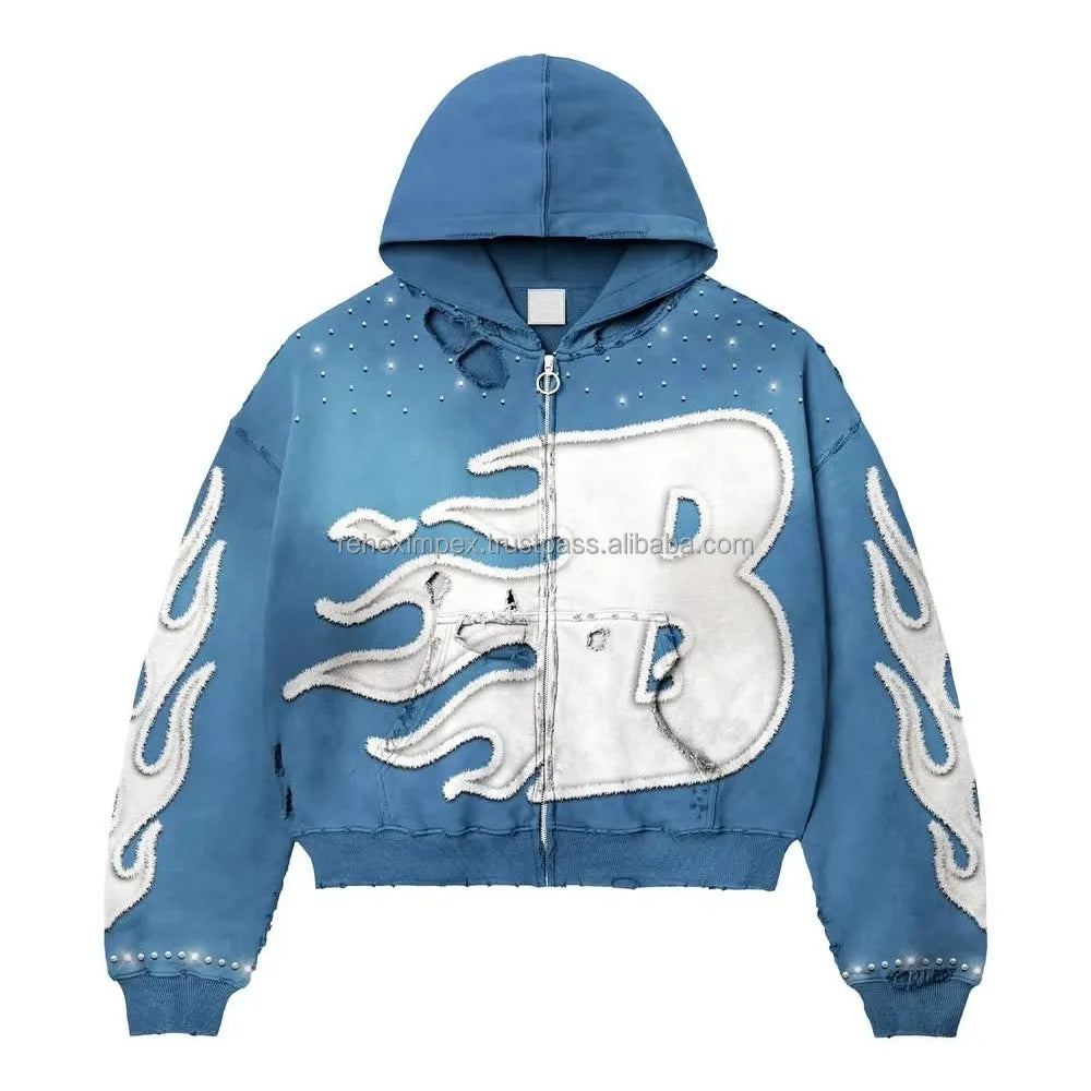 Stay Warm Style This Trendy Sun-Faded Embroidered Vintage Zipper-Up Oversized Hoodie Crafted Soft Fleece Cotton for Ultimate