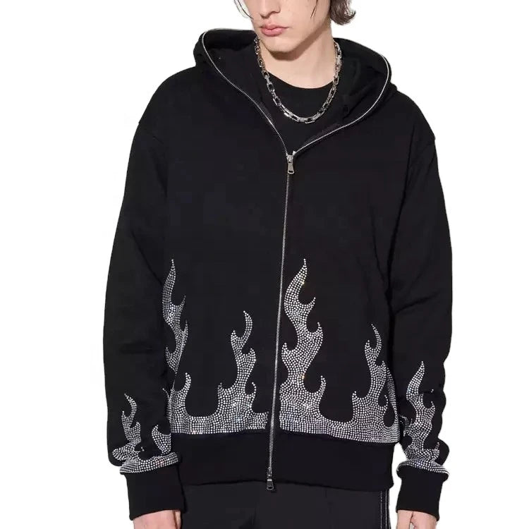 Men's 100% Cotton Winter Casual Streetwear Hoodie Custom Logo Full Face Skeleton Cross Drawstring Rhinestone 3D Embroidery