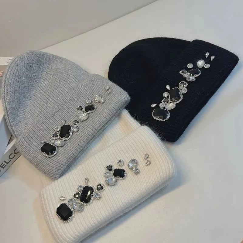 Customizable Jewelry Handmade Acrylic Custom Logo Crystal Embellishments Ribbed Knit Rhinestone Crystal Beanie Hat