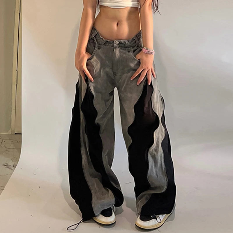 Heavy Patchwork Zip Up Baggy Jeans Women Hip Hop Color Block Loose Wide Leg Denim Pants Vintage Streetwear