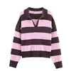 PB&ZA Women 2025 Autumn New Fashion Striped POLO Shirt Collar Knitted Sweater Vintage Long Sleeve Female Pullovers Chic Tops