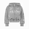 Hot Selling Trendy Custom Made 3D Embroidery Hoodie Acid Wash Zip Distressed 380 Gsm Heavyweight Cotton Rhinestones Embroidery