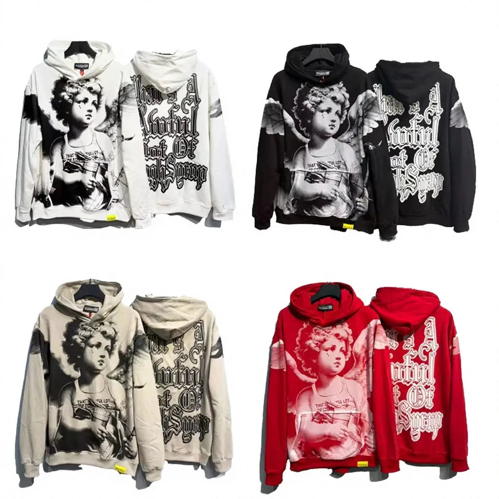 High Quality 100% Cotton Men's Vintage Oversized Casual Autumn Heavyweight Fleece Crocheted Lined Streetwear Hoodie Digital