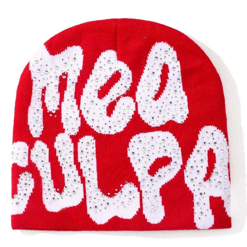 Men Women Letter Jacquard Beanie With Rhinestone Crochet Winter Acrylic Knit Ski Beanie Slouchy Caps Hat
