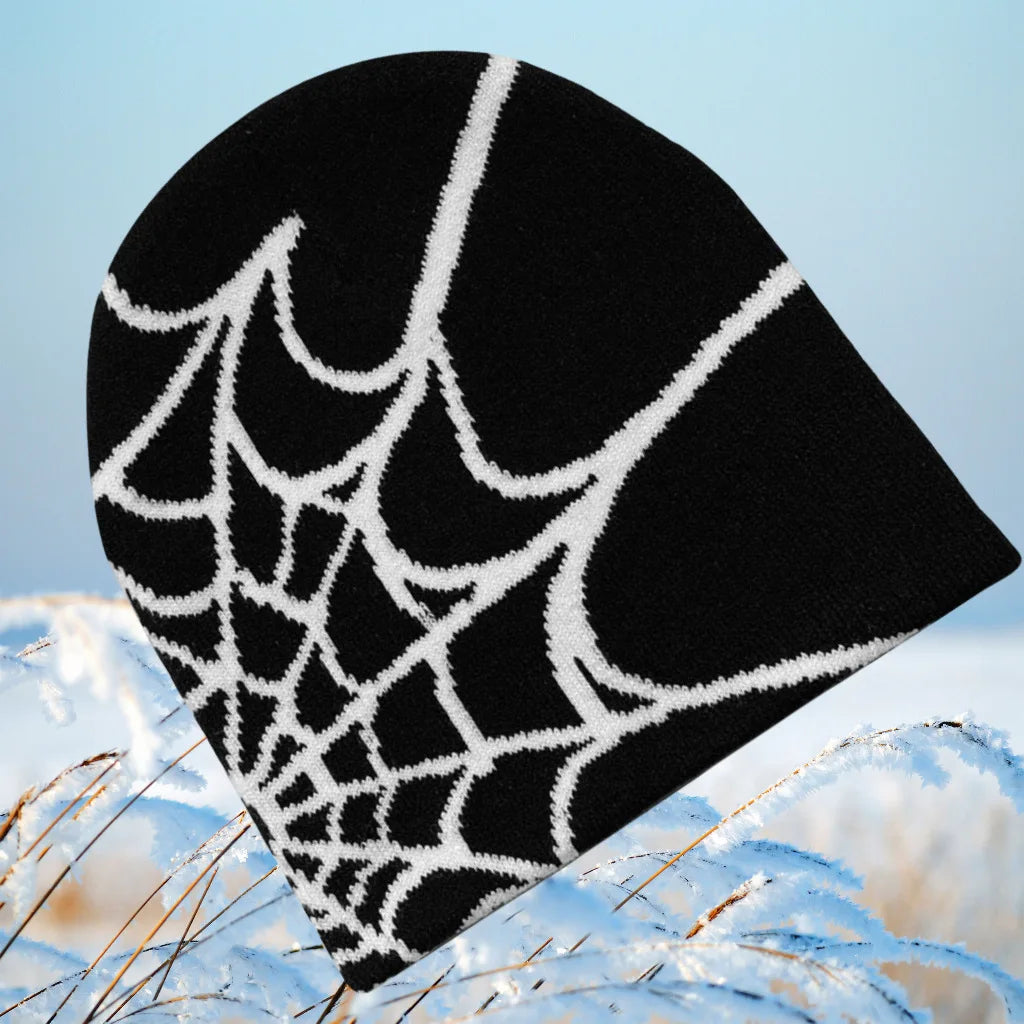 Y2KSpider Web Pattern Knitted Beanie Y2K Style, Multicolor Acrylic Warm Unisex Hip Hop Winter Skull Hat Customizable