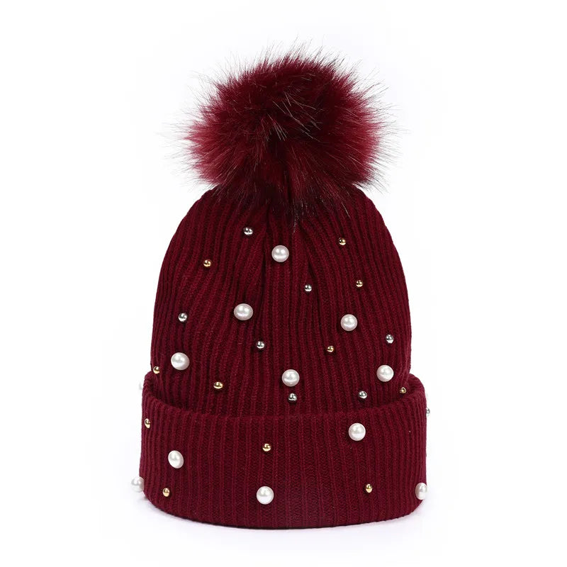 Winter Brand Female Fur Pom Poms Winter Hat for Women Girl 's Hats Knitted Beanies Cap Thick Women Pearl Skullies Beanies