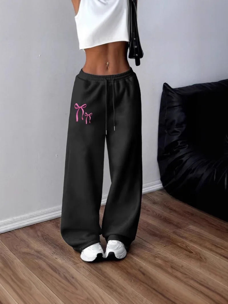 Women's Loose Straight Sports Bow Print Sweatpants Versatile Casual Fashion for Spring Flat
