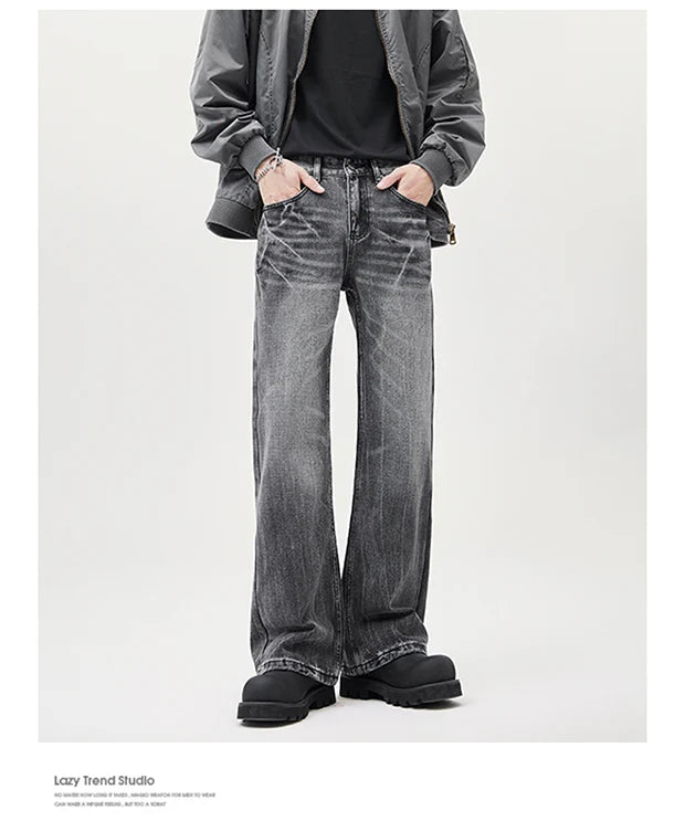 Men Fashion Designer Sense lightning Crack Stone Wash Jean Retro Micro Pants Casual Men Baggy Straight Leg Black Denim Jeans