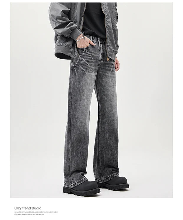 Men Fashion Designer Sense lightning Crack Stone Wash Jean Retro Micro Pants Casual Men Baggy Straight Leg Black Denim Jeans