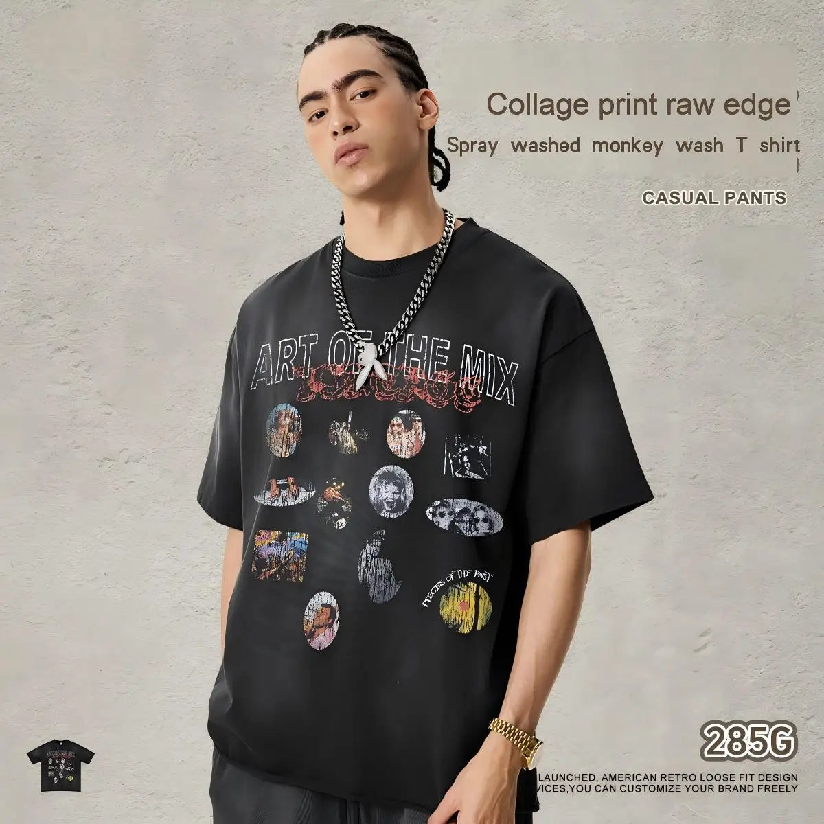 Men's Vintage Washed Print Graphic T-Shirt 285g 100% Cotton Heavyweight Oversized Breathable American Streetwear Patchwork Short