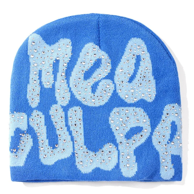 Men Women Letter Jacquard Beanie With Rhinestone Crochet Winter Acrylic Knit Ski Beanie Slouchy Caps Hat