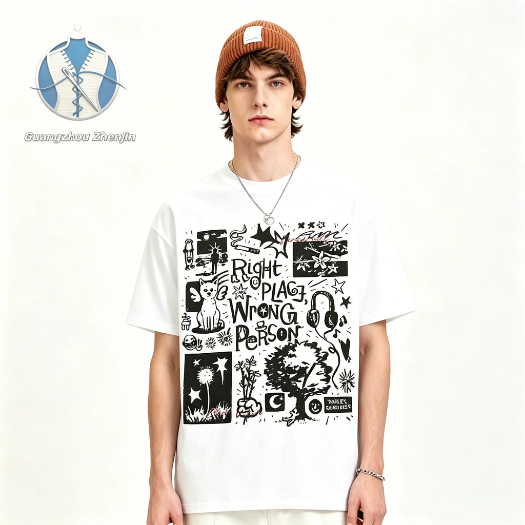 Factory Wholesale Men's Graffiti Patterns Print Short-sleeved T-shirt Pure Cotton 250gsm American Trendy Brand