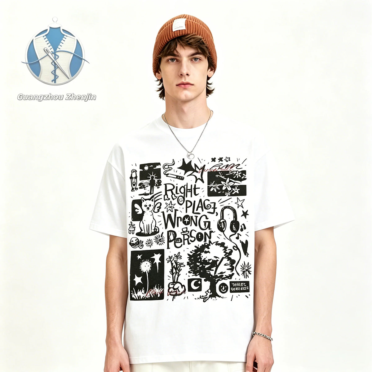 Factory Wholesale Men's Graffiti Patterns Print Short-sleeved T-shirt Pure Cotton 250gsm American Trendy Brand