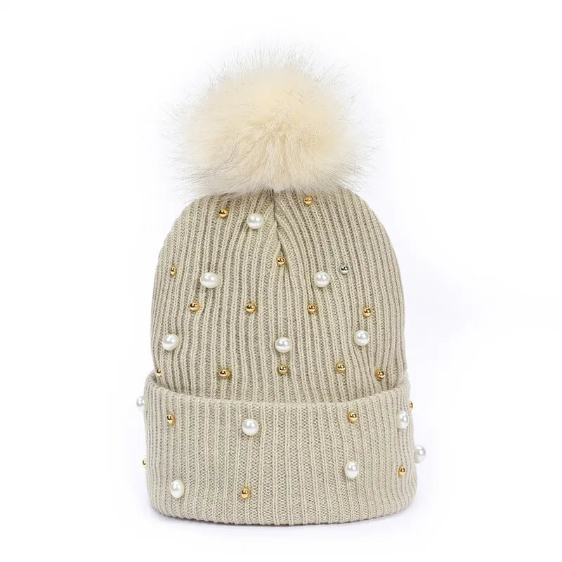 Winter Brand Female Fur Pom Poms Winter Hat for Women Girl 's Hats Knitted Beanies Cap Thick Women Pearl Skullies Beanies